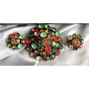 House of Schrager Vintage Japanned Signed Rhinestone Brooch/Earrings Fall Colors